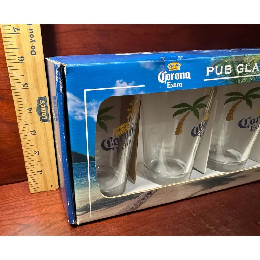 2007 Corona Extra Pub Glass Collection 16oz Beer Glasses Gift Set Four 4 Glasses